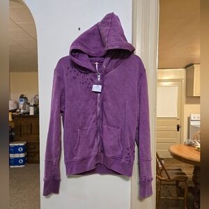 Brand new!! NWT Free People violet distressed oversized  zip up hoodie sz small